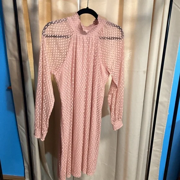 Nina Leonard Pink Sheer Mock Neck Dress Large Wedding Guest - Picture 8 of 8